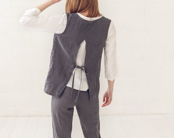 Linen Top Vest Tie Back / Women Blouse Open Back / Sleeveless Linen Vest