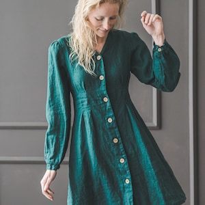 Linen V-Neck Dress Long Puffy Sleeve / Emerald Green Linen Dress Buttons Down / Women Festive Linen Dress