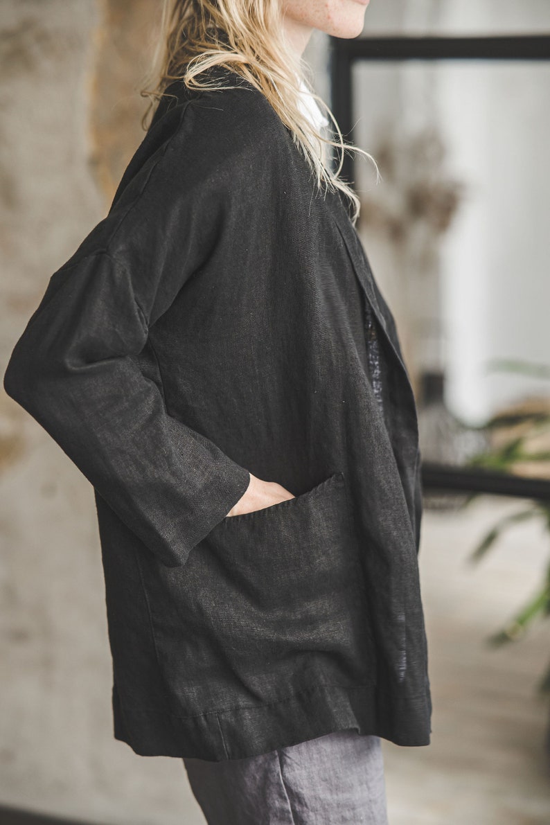 Simple Linen Black Jacket, Relax Fit Linen Cardigan Jacket, Boho Linen Jacket, Wrap Linen Coat Cardigan, Office Outfit image 2