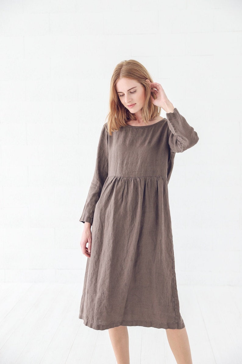 Swing Linen Dress with Long Sleeves, Soft Maxi Linen Dress image 1