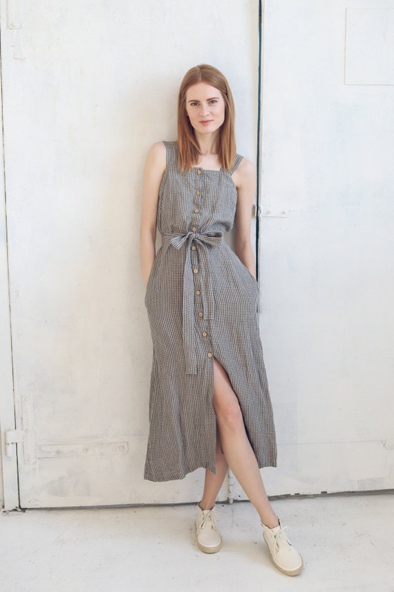 Gingham Linen Dress Checked Linen Dress Buttons Down Boho Style Linen Dress Long Linen Dress Etsy Canada