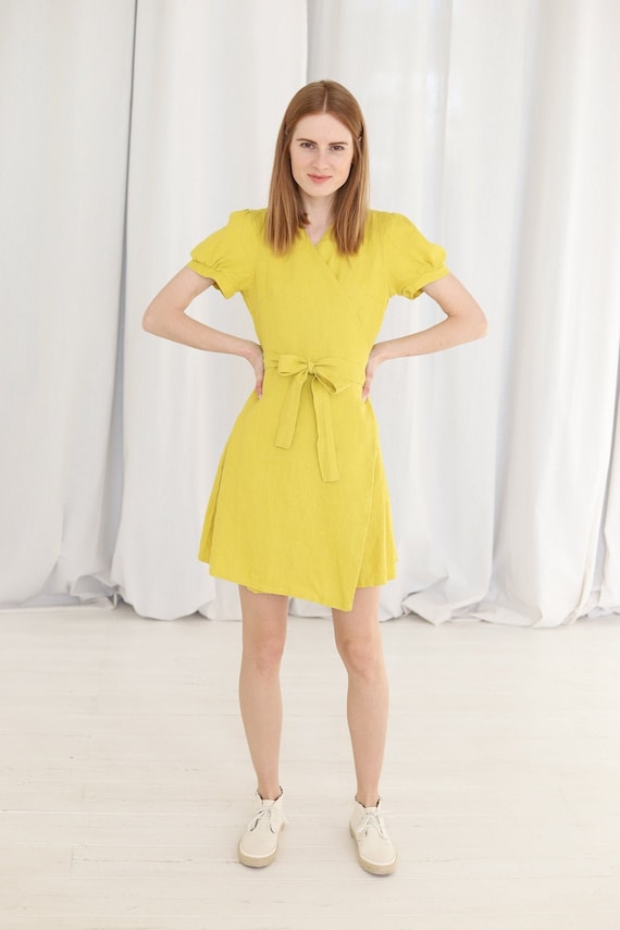 Lemon Linen Wrap Dress Short Linen 
