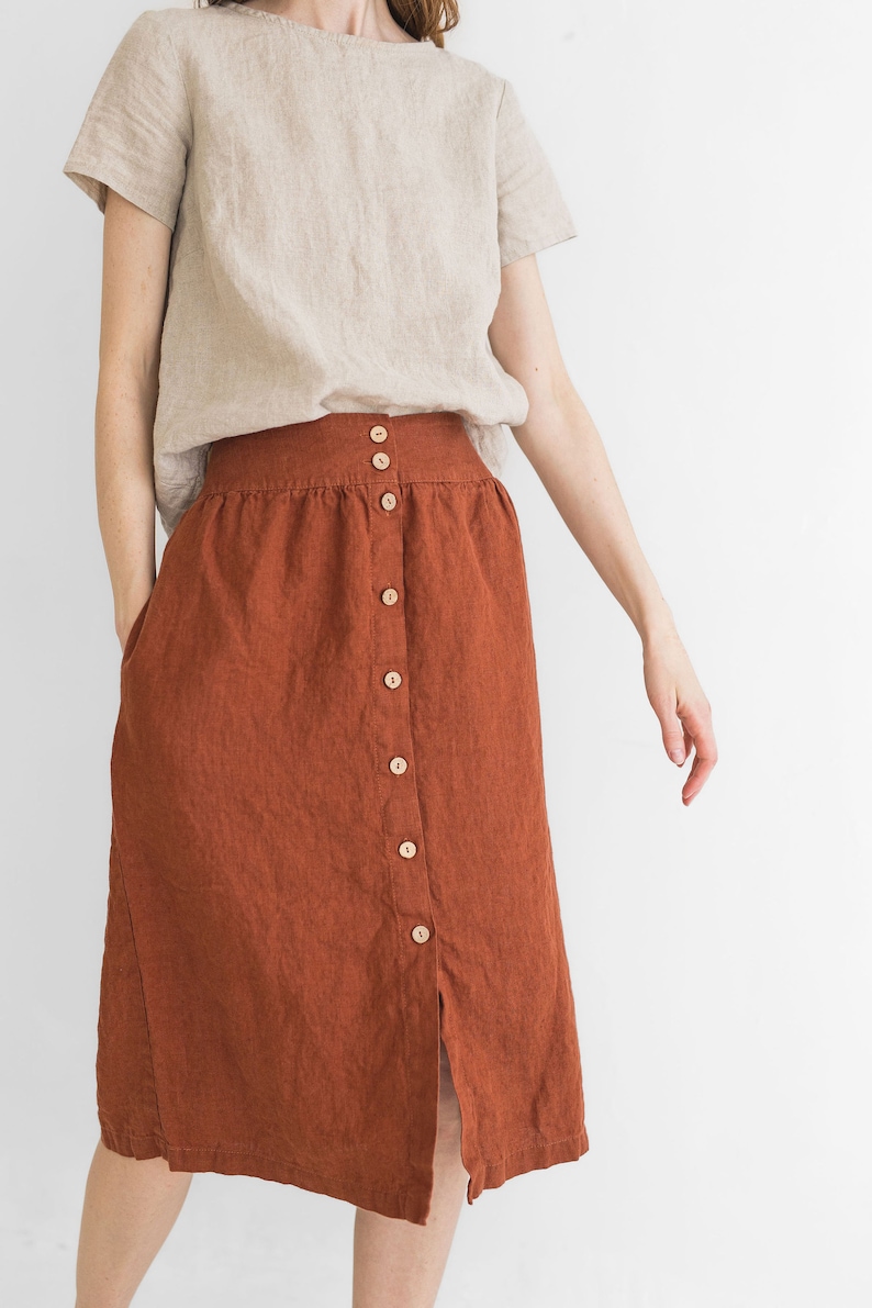 High Waist Spring Linen Skirt , Flax Linen Knee Length Linen Skirt, Buttons Down Linen Skirt image 4