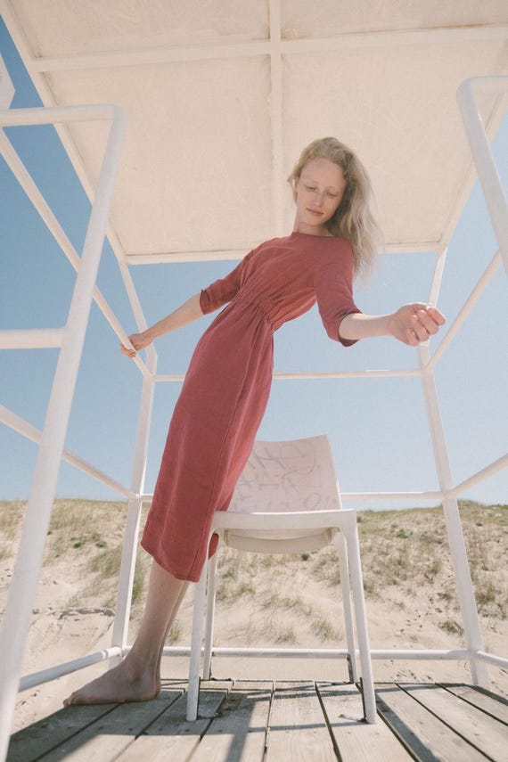 Fitted Linen Dress: 3/4 Sleeve Soft Wash European Flax
