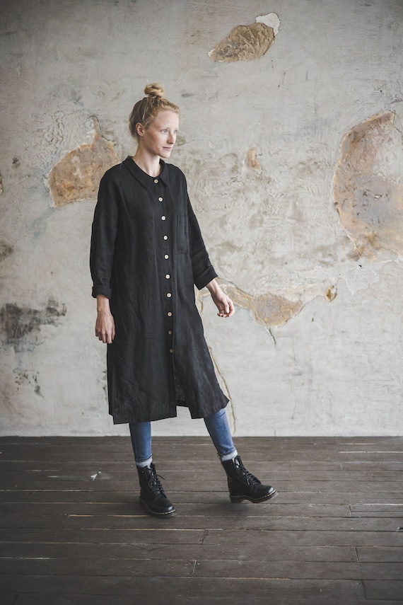 Black Heavy Linen Shirt Dress: Long Sleeve Button Down Tunic