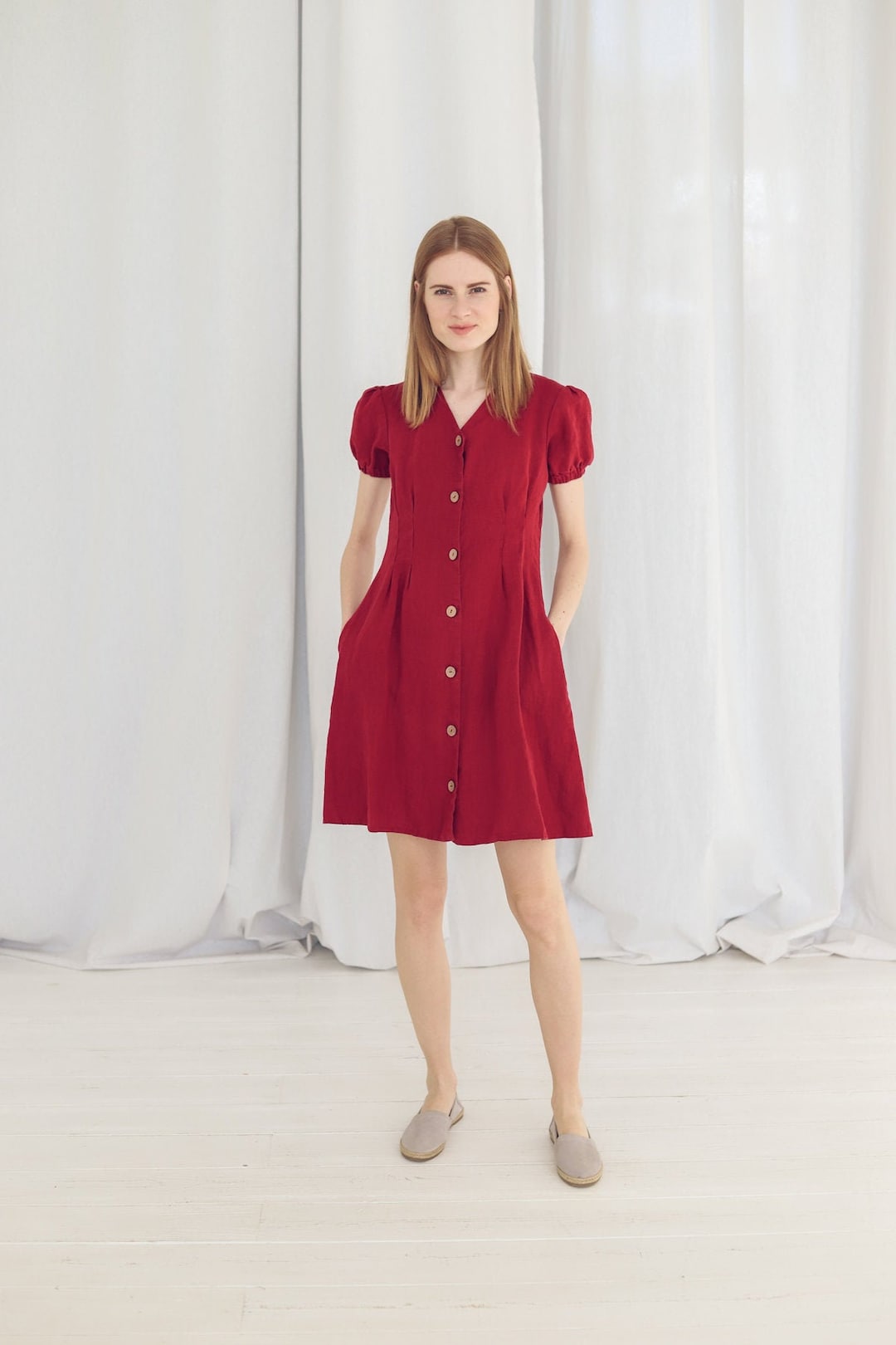 Red Linen Mini Dress: Balloon Sleeves, Button Front