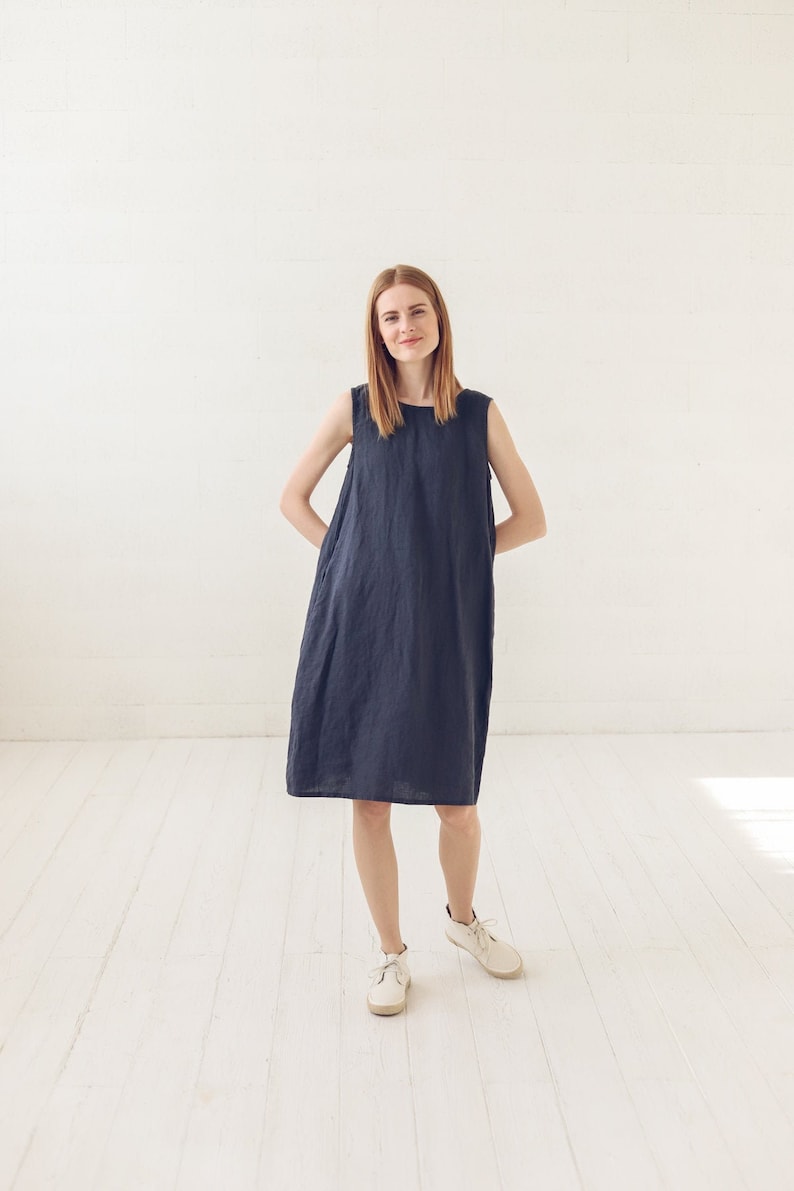 Everyday Basic Linen Dress / Minimalist A Line Midi Dress / Simple Dress With Pockets image 1