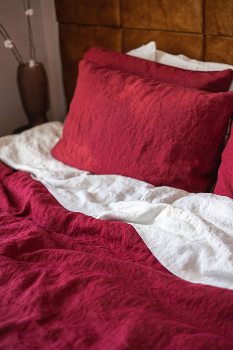 Linen Bed Set, Ruby Red Boho Bedding, Duvet Cover Queen, Linen Bedding, Duvet Cover with Pillowcases image 2