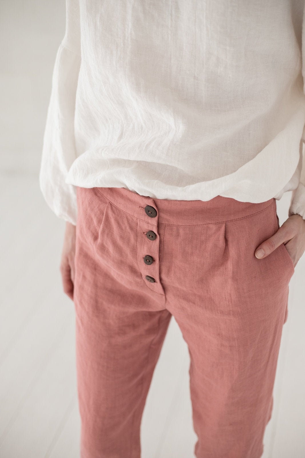 High Waist Linen Pants: Tapered Trousers with Coconut Buttons