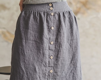 Gray Linen Midi Skirt: High Waist Retro Button Front