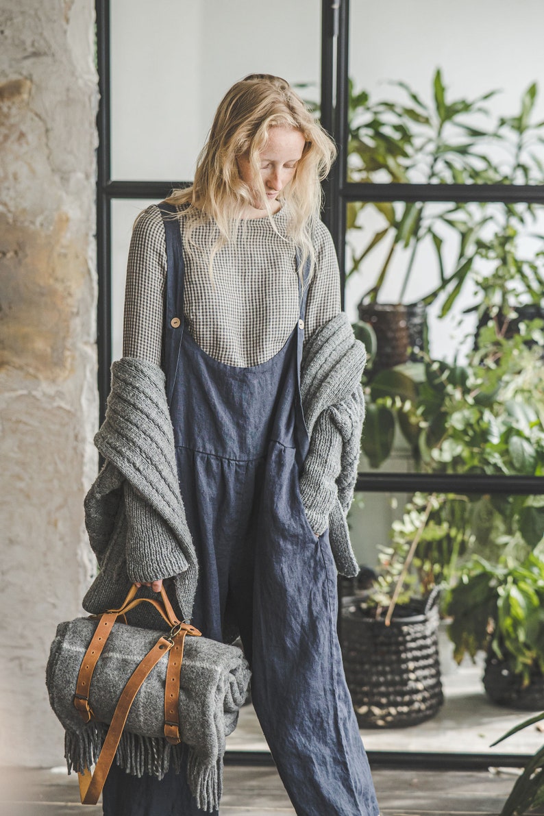 Linen Jumpsuit / Boho Linen Romper / Loose Linen Overall / image 5