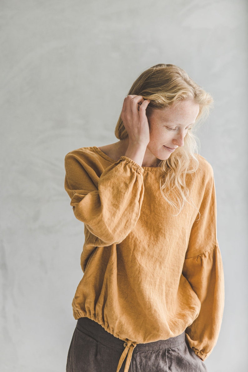 READY TO SHIP Linen Blouse Puffy Sleeve / Bishop Sleeve Poet Blouse / Ethical Fashion Women Basic Linen Top image 5