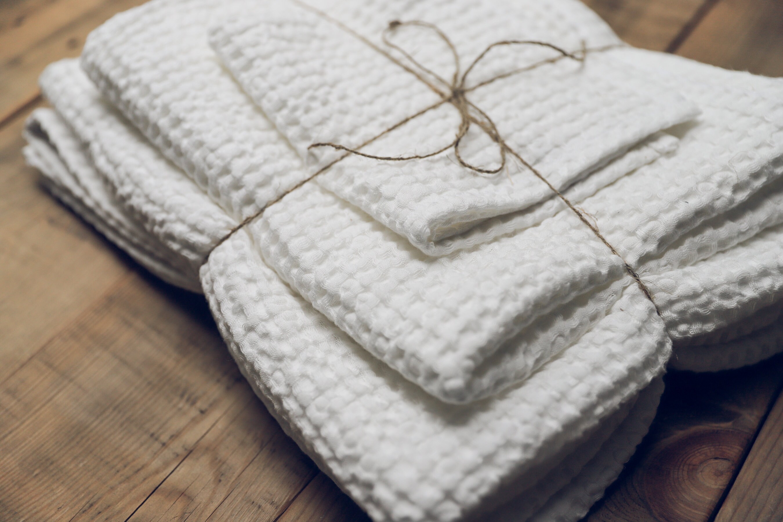 リネンワッフルタオルセット：エメラルドグリーンコットンブレンド