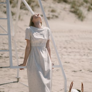 Short sleeve dress in polka dot, Summer Dress with Short sleeves , Slim Linen Dress, Knee-length, linen dress with side pockets.
