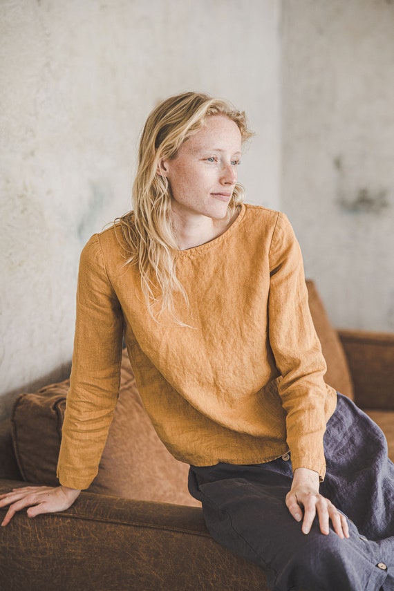 Linen Top Long Sleeves: Minimalist Honey Gold Flax Blouse
