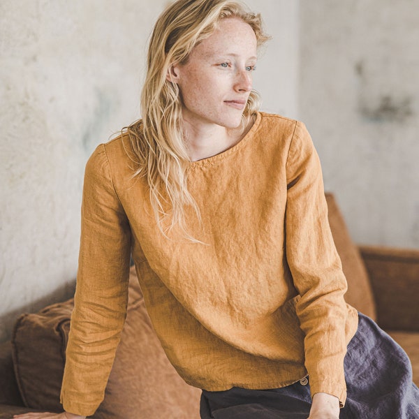 Linen Top Long Sleeves, Minimalist Linen Blouse, Casual Everyday Flax Blouse