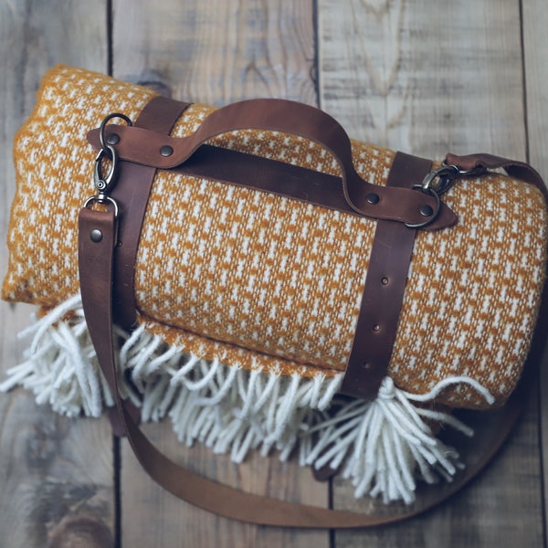 Mustard Yellow Wool Throw Blanket with Leather Handle Strap