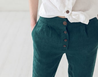 Pantaloni da donna in lino affusolati, pantaloni classici in lino, pantaloni a vita alta