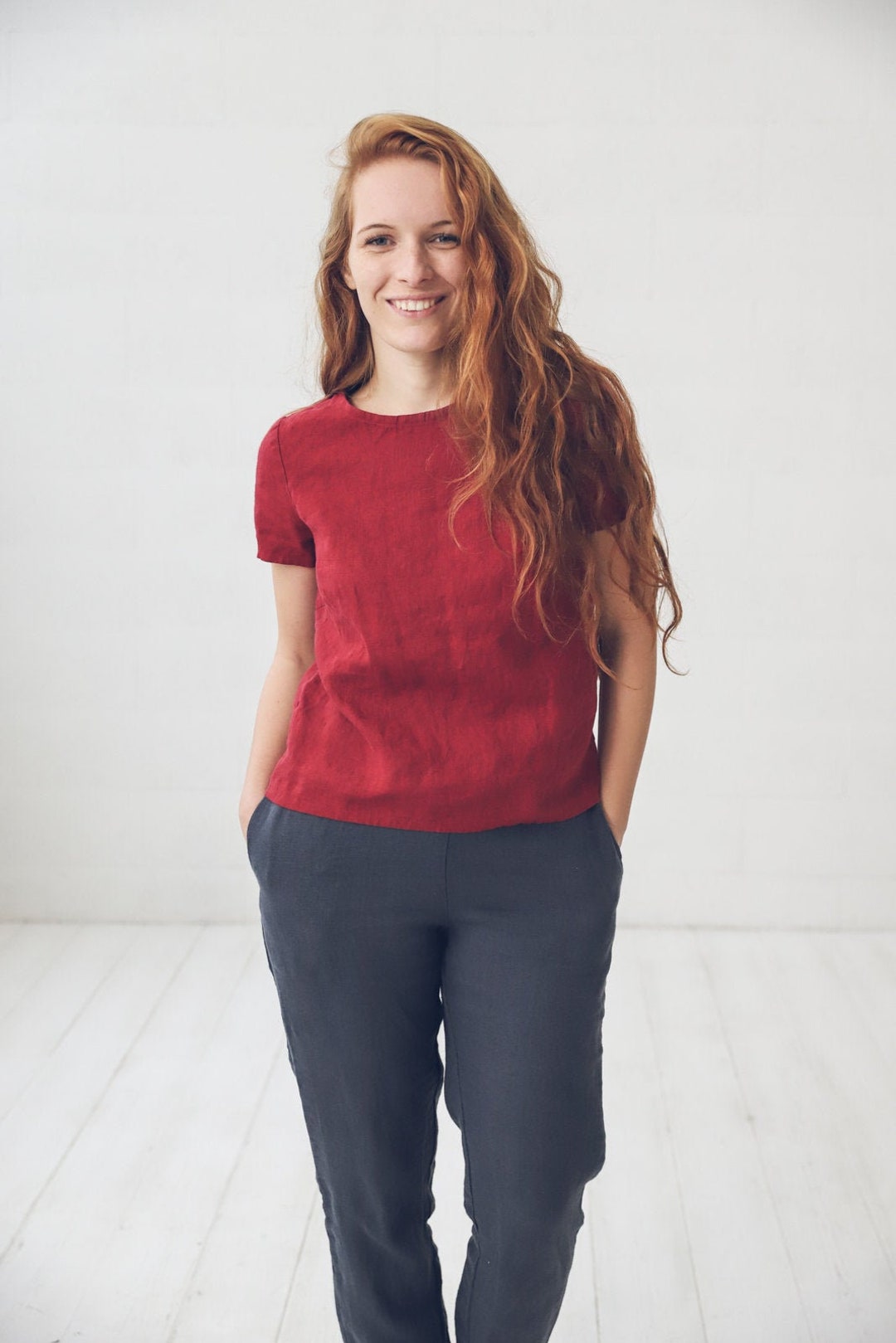 Ruby Red Linen Top Short Sleeve Blouse, Simple Shape Etsy — free download