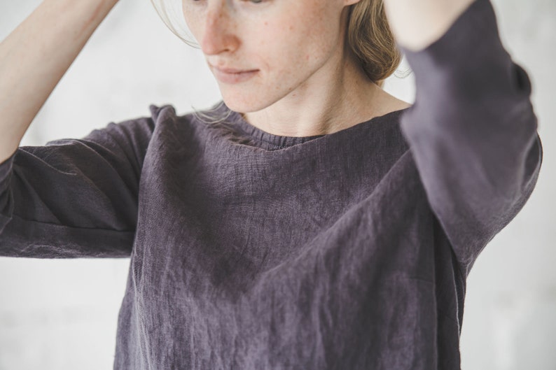 Classic Linen Blouse, Women Linen Top 3/4 Sleeves / Round Neck Linen Top / Office Linen Blouse image 4