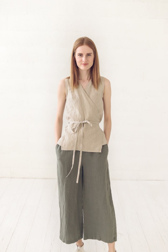 Wrap Linen Sleeveless Top: Long Tie, Formal Blouse