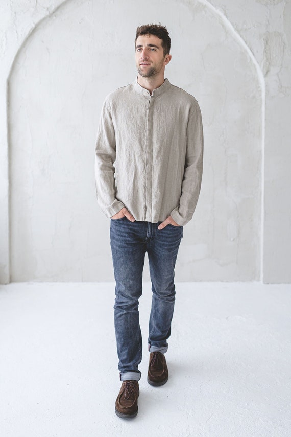 【DISCERNMENT】S/S Linen Hidden Button Light Shirt Linen Men's Shirt With Hidden Buttons / Long Sleeves Linen
