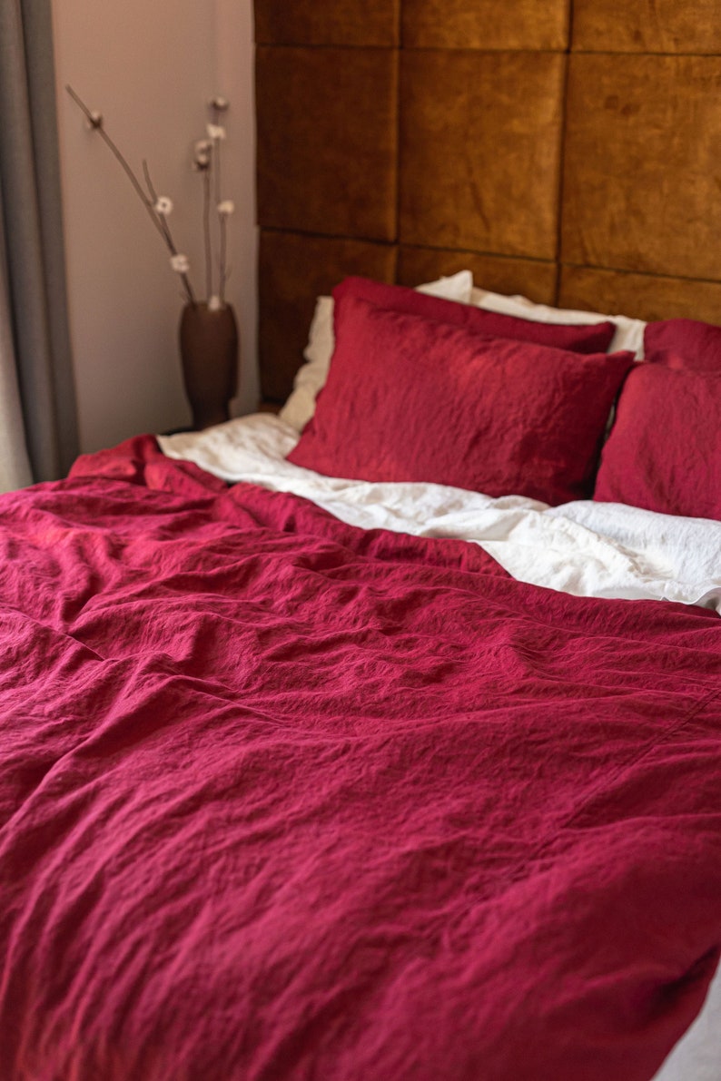 Linen Bed Set, Ruby Red Boho Bedding, Duvet Cover Queen, Linen Bedding, Duvet Cover with Pillowcases image 1