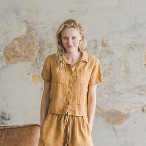 Short Linen Shirt Loose Style / Linen Summer Shirt / Linen Buttoned Blouse / Peter Pan Collar Shirt