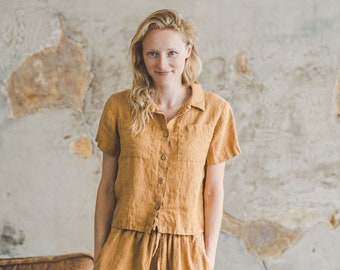 Short Linen Shirt Loose Style / Linen Summer Shirt / Linen Buttoned Blouse / Peter Pan Collar Shirt