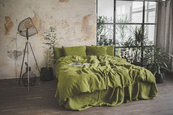 Linen Duvet Cover Moss Green Linen Bedding Stonewashed Natural