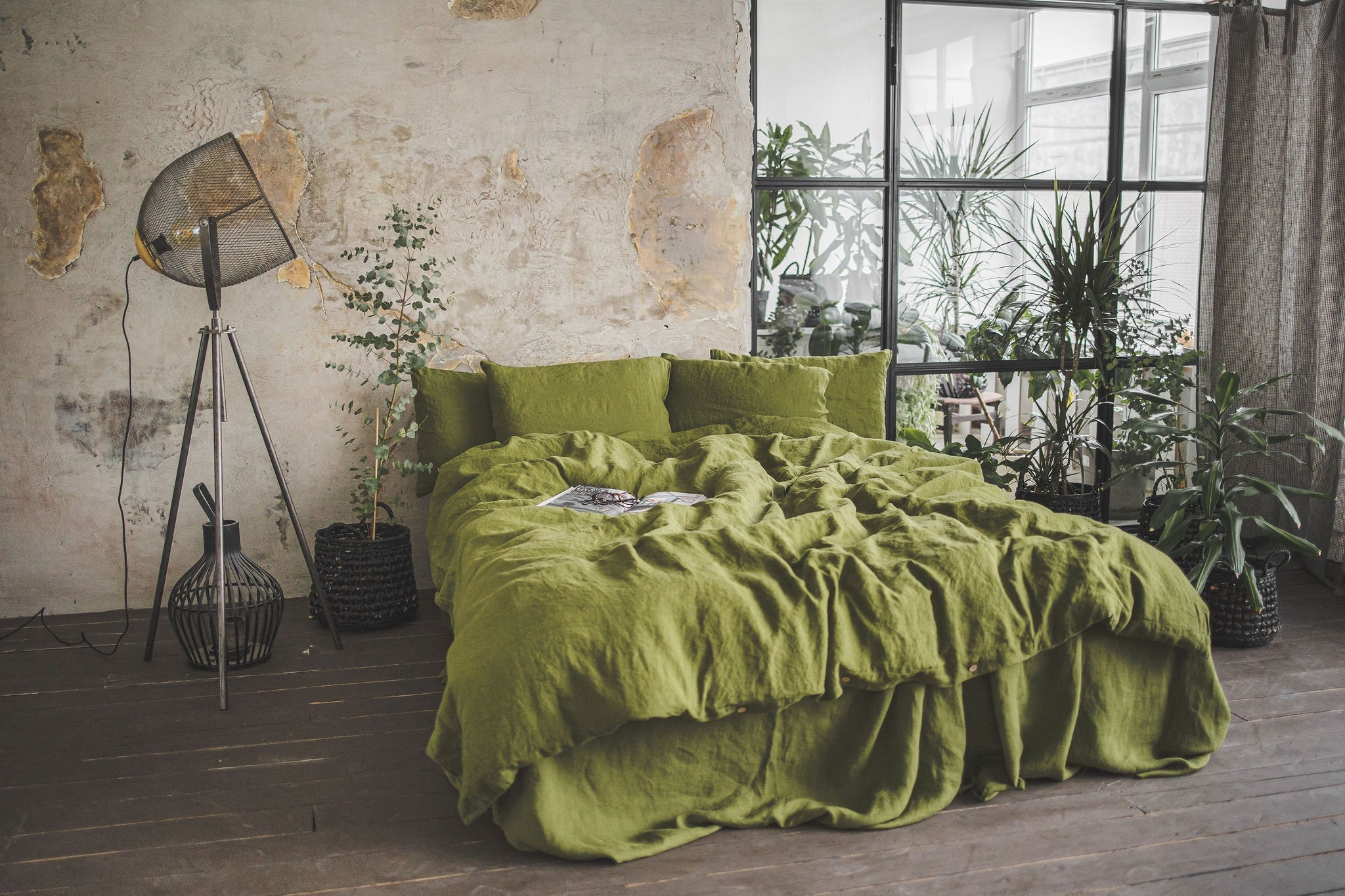 Linen Duvet Cover Moss Green Linen Bedding Stonewashed Natural