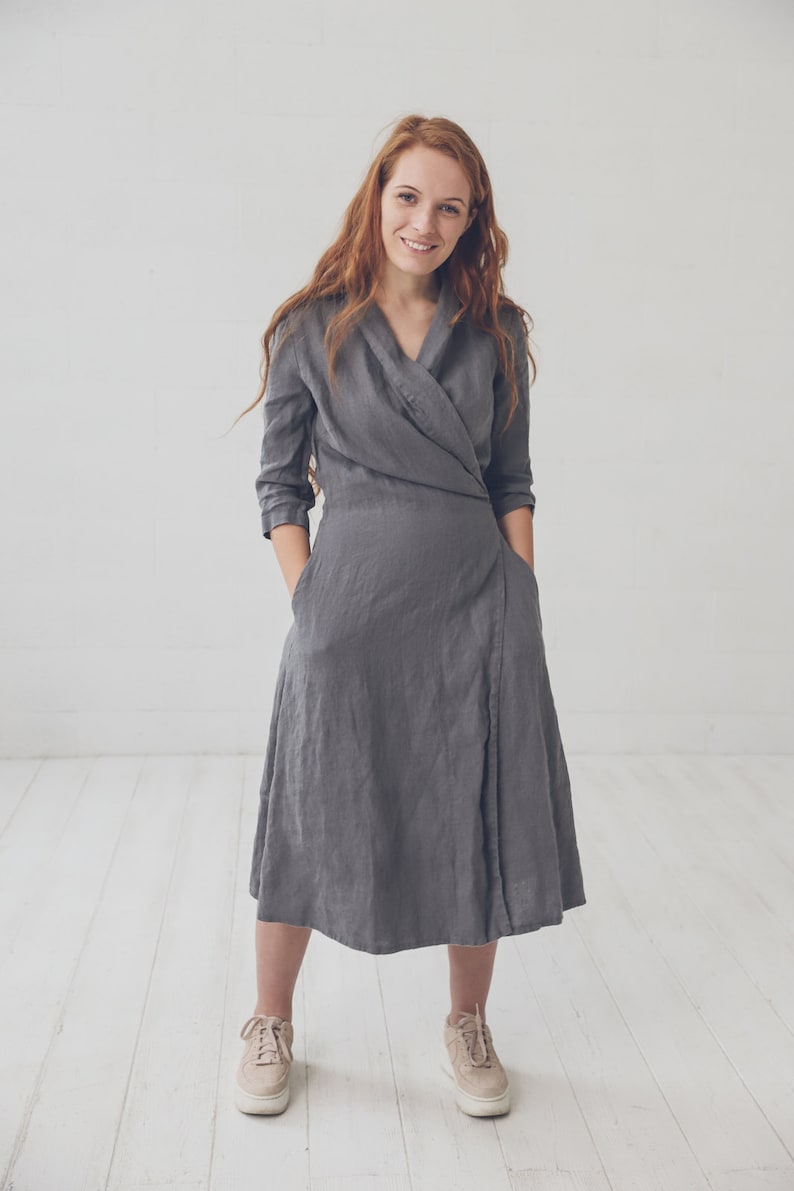 Gray Linen Wrap Dress Long Linen Dress Elegant Maxi Dress Etsy UK