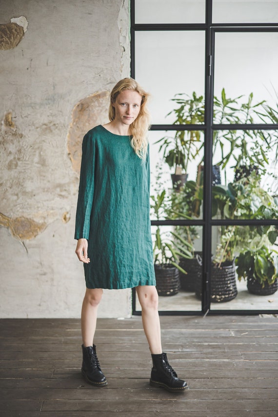 Emerald Green Linen Tunic Dress: Long Sleeve Classic Style