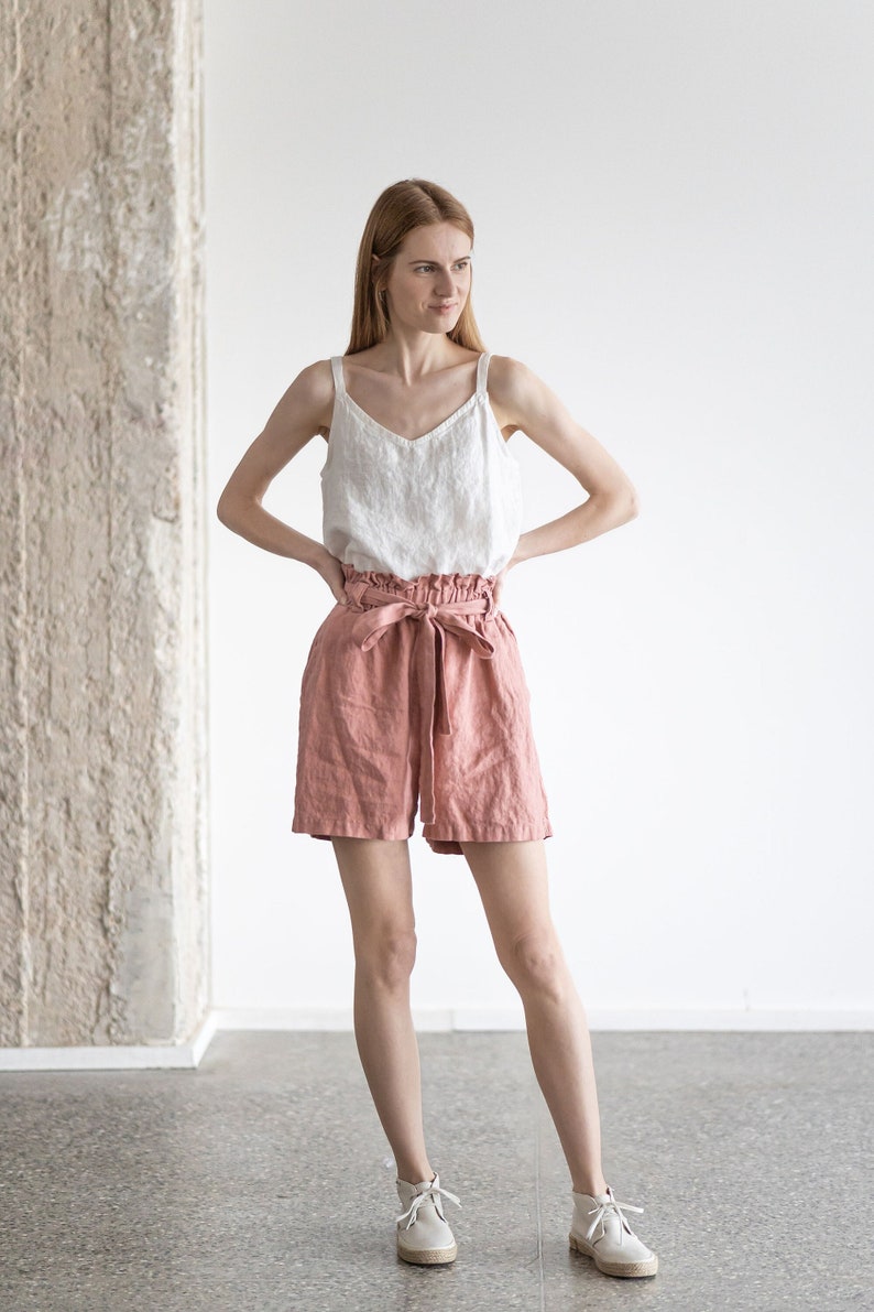 READY TO SHIP High Waisted Linen Shorts / Bermuda Women Shorts With Belt / Loose Summer Linen Shorts image 1