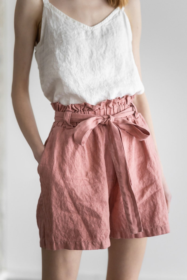 READY TO SHIP High Waisted Linen Shorts / Bermuda Women Shorts With Belt / Loose Summer Linen Shorts image 2