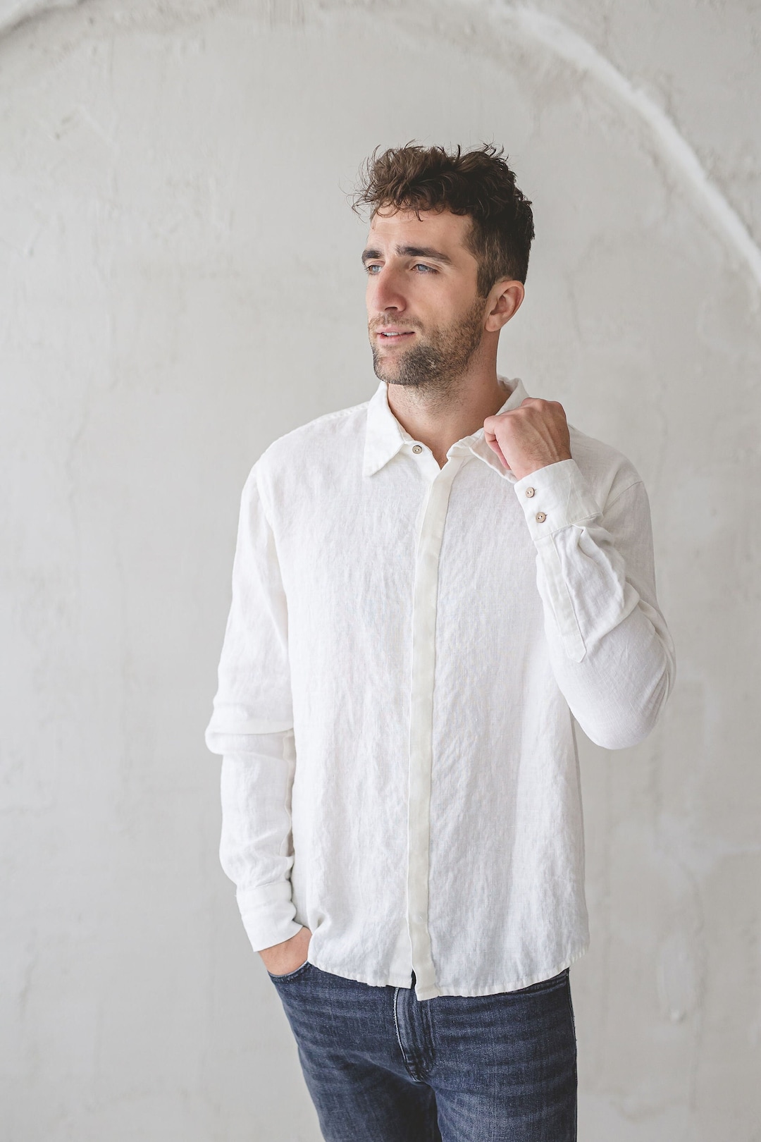 Long Sleeve, Ivory Classic Linen Men's Shirt With Hidden Buttons, Linen ...