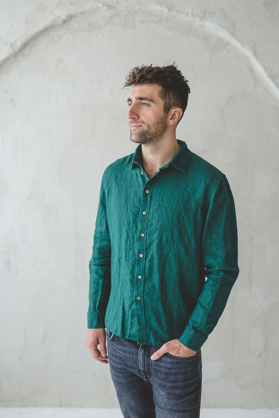 Dark Green Linen Long Sleeve Shirt - Fitted Menswear