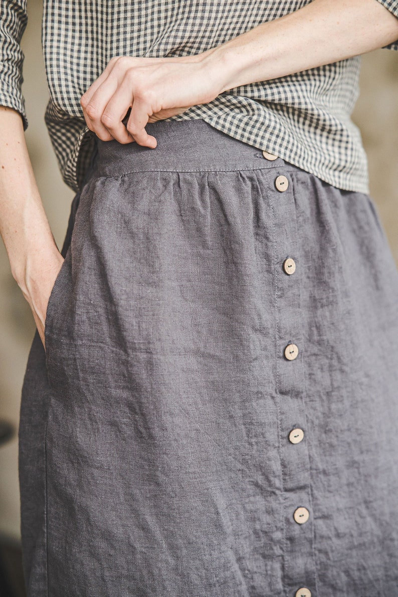 Linen Skirt Button Opening, Retro Flax Linen Midi Skirt, High Waist Linen Skirt image 1