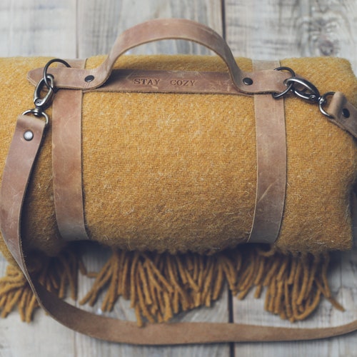 Customized Wool Throw Blanket With Leather Handle Strap 100 Etsy