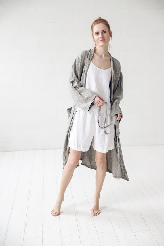 Linen Bathrobe, Long Linen Nightgown, Handmade Dressing Gown