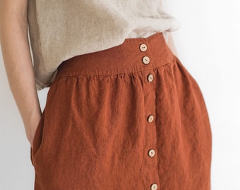 High Waist Linen Skirt: Burnt Orange Button-Down Knee Length