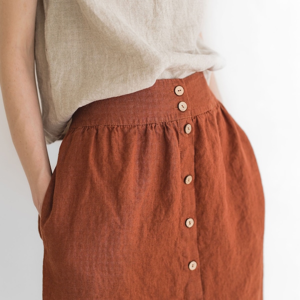 High Waist Spring Linen Skirt , Flax Linen Knee Length Linen Skirt, Buttons Down Linen Skirt