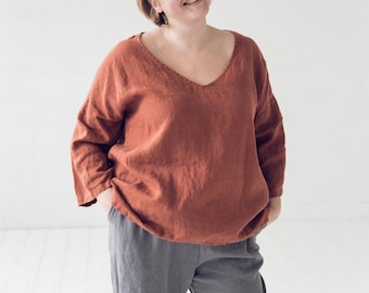 Haut kimono en lin : chemisier à col en V et manches 3/4, grande taille