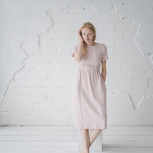 Slim Linen Dress, Flax Linen Dress, Summer Linen Dress with Short sleeves