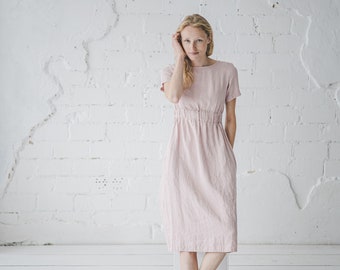 Slim Linen Dress, Flax Linen Dress, Summer Linen Dress with Short sleeves