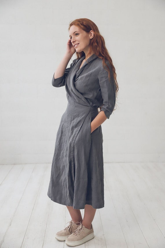 Y's LINEN LAWN DOT PRINT SHIRT DRESS グレー Linen Shirt Dress, Gray Linen Maxi Dress, Long Sleeve Linen