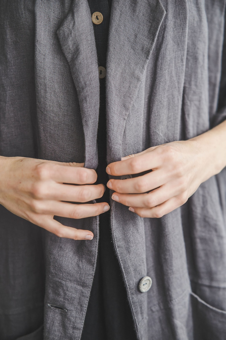 Linen Blazer with Pockets, Oversize Linen Coat, Loose Linen Cardigan, Plus Size Linen Jacket, Linen Blazer Dress image 4