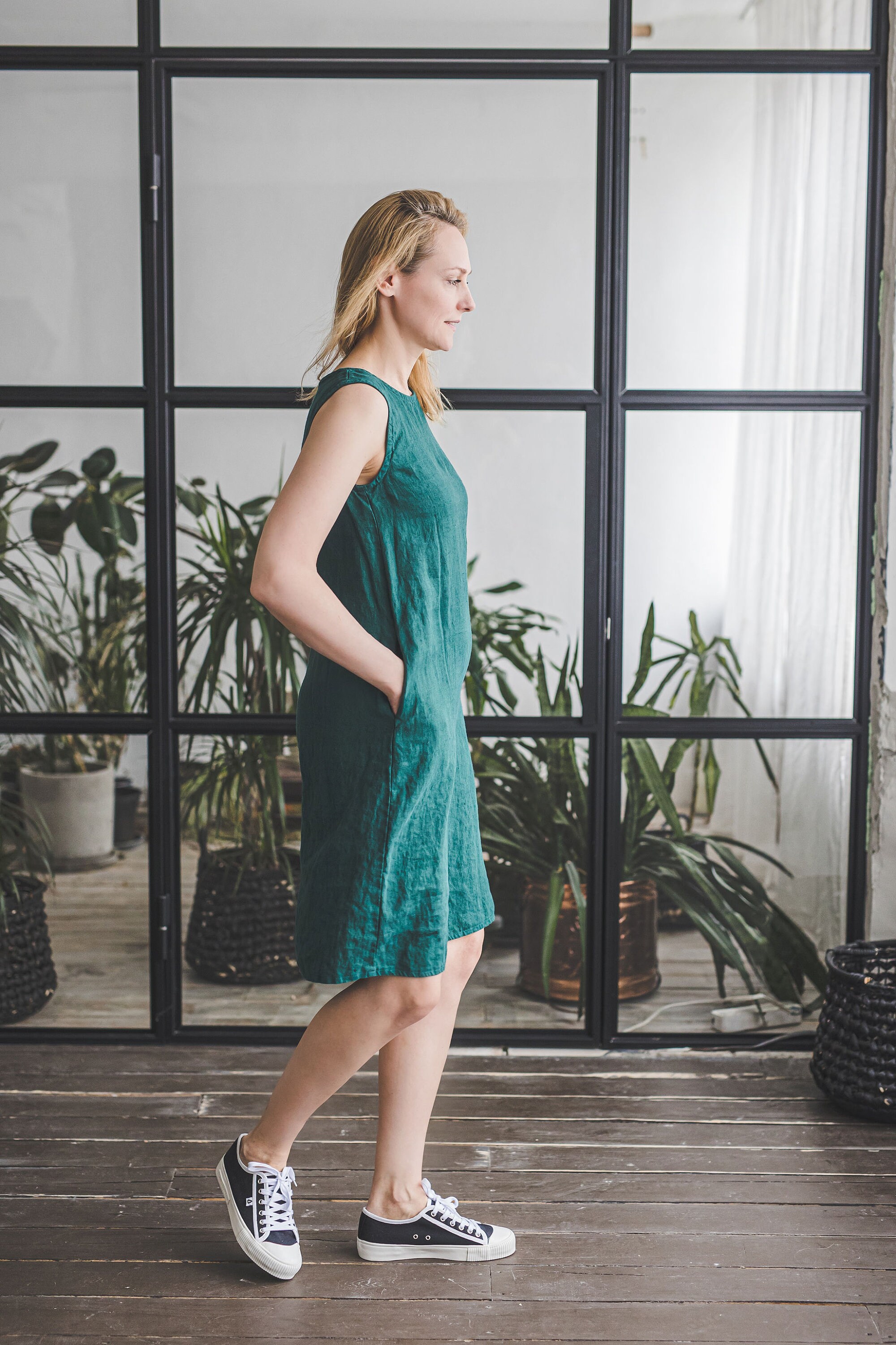 green linen tunic dress See Saw Emerald Green Linen Shirt Dress
