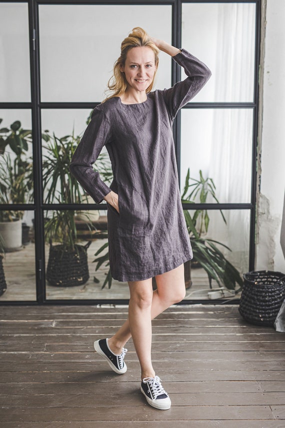 Linen Tunic Dress, Linen Dress With Long Sleeves 