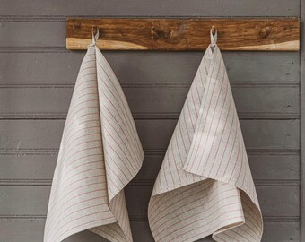 Linen Kitchen Tea Towel Set: Natural Fabric with Red Stripes